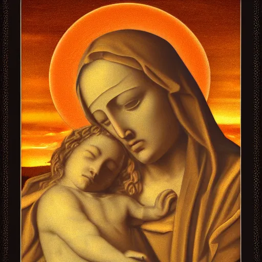 Image similar to digital photo of pieta face closeup as sunset cloud by