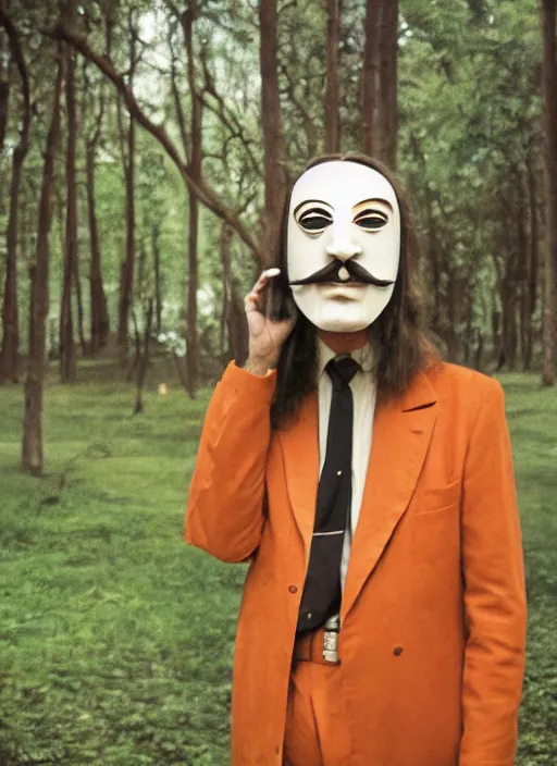 Image similar to a person wearing a Dali mask in an open forest cinema style of Wes Anderson