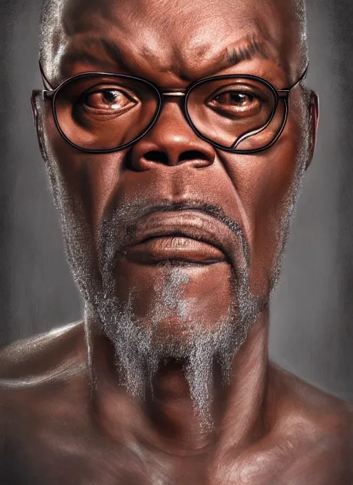 Prompt: expressive face potrait photo of samuel l jackson, glamour shot, by jenny saville, by stefan gesell, photorealistic, canon r 3, fashion photography, hyper maximalist, elegant, ornate, luxury, elite, environmental portrait, symmetrical features, octane render, unreal engine, solid dark grey background, dramatic lights