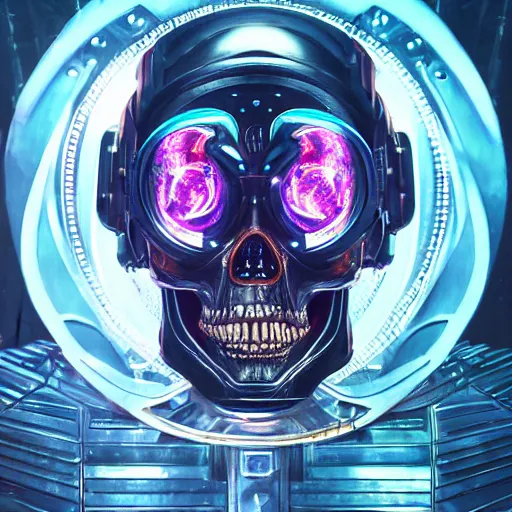 Image similar to portrait of a futuristic space pirate skull. VR helmet broken. sci-fi Iridium visor. intricate abstract. intricate spaceship decor. nightmare fuel. terrifying. warhammer 40k. Ghost in the Shell style, by Tooth Wu, Wlop, Beeple, Dan Mumford. octane render, trending on artstation, Greg Rutkowski very coherent symmetrical artwork. cinematic, hyper realism, high detail, octane render, 8k, iridescent accents, black and white