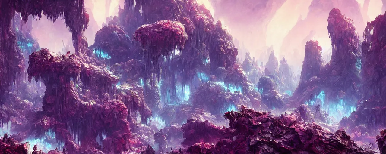 Prompt: ” crystal caverns alien landscape, [ beautiful, cinematic, detailed, epic, widescreen, opening, establishing, mattepainting, photorealistic, realistic textures, octane render, art by slop and paul lehr ] ”