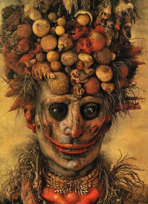 Prompt: a surreal painting of a shaman's face, by Giuseppe Arcimboldo, Dante's inferno, symbolist, soft colors, dramatic lighting, smooth, sharp focus, extremely detailed, aesthetically pleasing composition