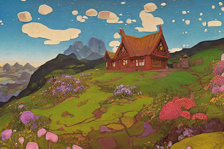 Image similar to the enchanted cottage and gardens of a wise woman on a mountaintop, dramatic cinematic lighting, folk-art carved painted wood house, rich colors, by Nicholas Roerich and William Dyce and ford madox brown and April Gornik and Caspar David Friedrich and Diego Rivera and Tyler Edlin and Ivan Bilibin