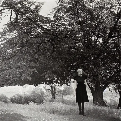 Prompt: a photo of a woman at the english countryside by nina leen