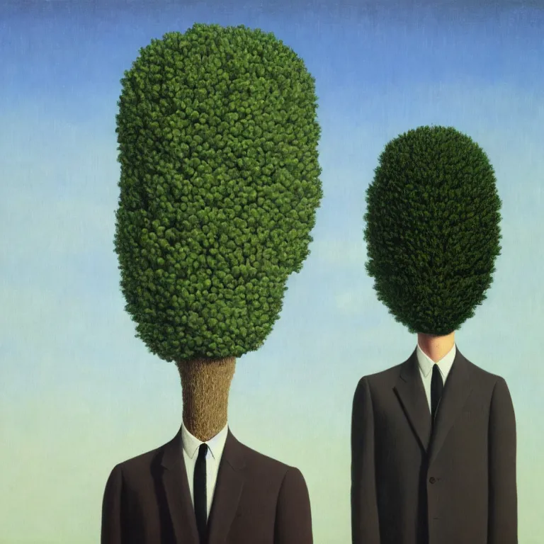 Image similar to portrait of a faceless tree - head man in a suit, clouds in the background, by rene magritte, detailed painting, distance, middle centered, hd, hq, high resolution, high detail, 4 k, 8 k