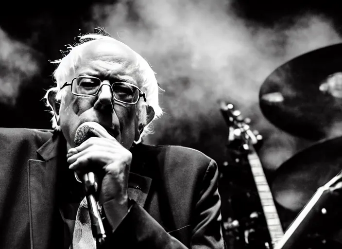 Image similar to publicity photo still of bernie sanders in a death metal band playing live on stage, 8 k, live concert lighting, mid shot