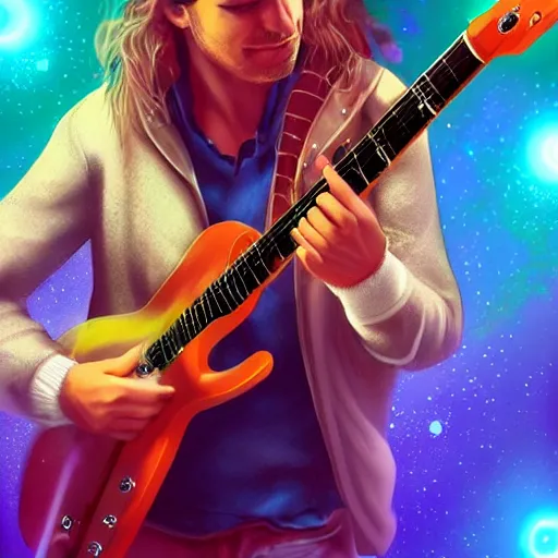 Prompt: a Alanis MOrisette guitarist playing so intensely there is electricity shooting out from his guitar, energy beams under his finger tips, and magic sparkles from the freboard, amazing ditial art, trending on artstation, featured on deviantart