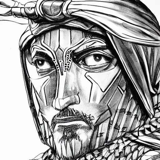 Image similar to a close up portrait of Sultan Saladin, art station, highly detailed, concept art, sharp focus, illustration in pen and ink, wide angle, by Kentaro Miura