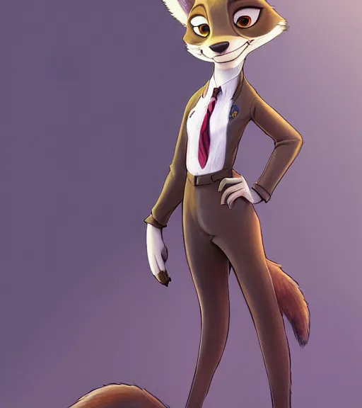 Image similar to oil painting of detailed full body of anthromorphic female wolf, in style of zootopia, zootopia, zootopia, fursona, furry, furaffinity, 4 k, deviantart, furry art, fursona art, wearing black business suit, business suit, in style of zootopia, wolf fursona, cyberpunk, female, expressive detailed feminine face,