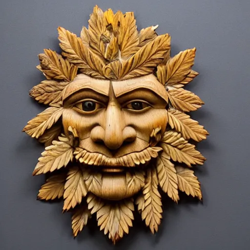 Image similar to deeply carved and stained, highly detailed wood carving depicting the face of the marijuana green man, as if made of obvious cannabis fan leaves, resting in a bed of real cannabis leaves