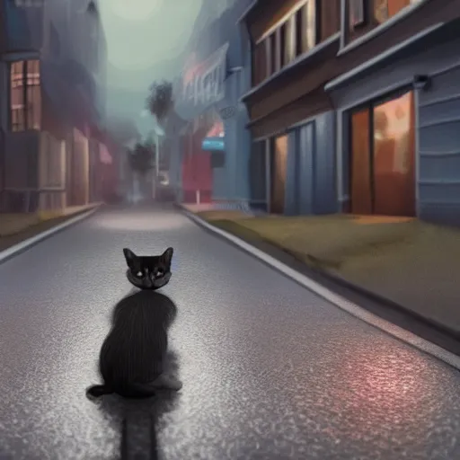 Image similar to kitten sits in the empty street on a rainy day, led lights around the place, digital painting, ultra detailed, unreal engine 5,