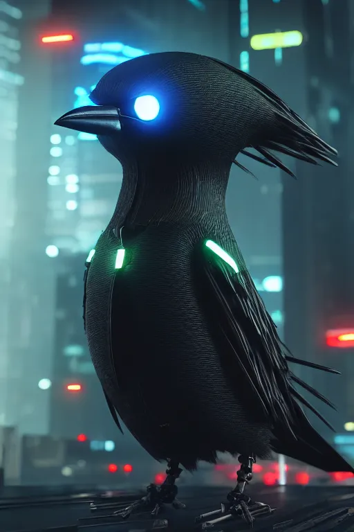 Image similar to high quality 3 d render very cute cyborg crow! incorporated speakers!, cyberpunk highly detailed, unreal engine cinematic smooth, in the style of blade runner & detective pikachu, hannah yata charlie immer, moody light, low angle, uhd 8 k, sharp focus