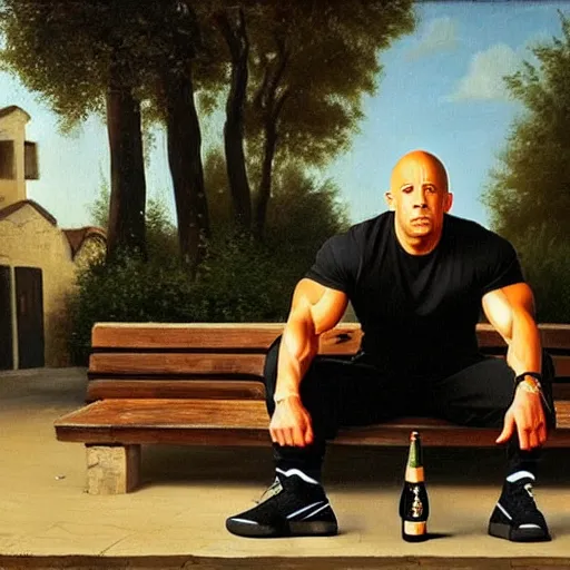 Image similar to vin diesel in black adidas sport costume, as gopnik character, on a bench with a bottle of beer in the courtyard of a provincial russian town, oil on canvas, naturalism