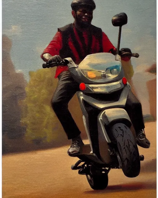 Image similar to kayne riding moped, aged oil painting by le pho