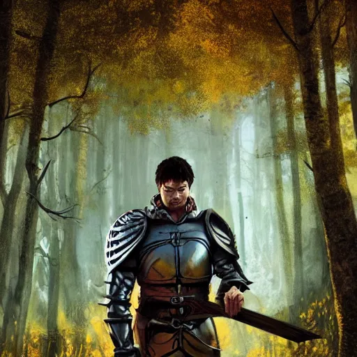 Image similar to A fantasy comic book style portrait painting by Junji Ito and Greg rutkowski of Karl Urban as a Paladin in a stunning ruin setting surrounded by yellow spring forest, unreal 5, DAZ, hyperrealistic, octane render, dungeons and dragons, dynamic lighting