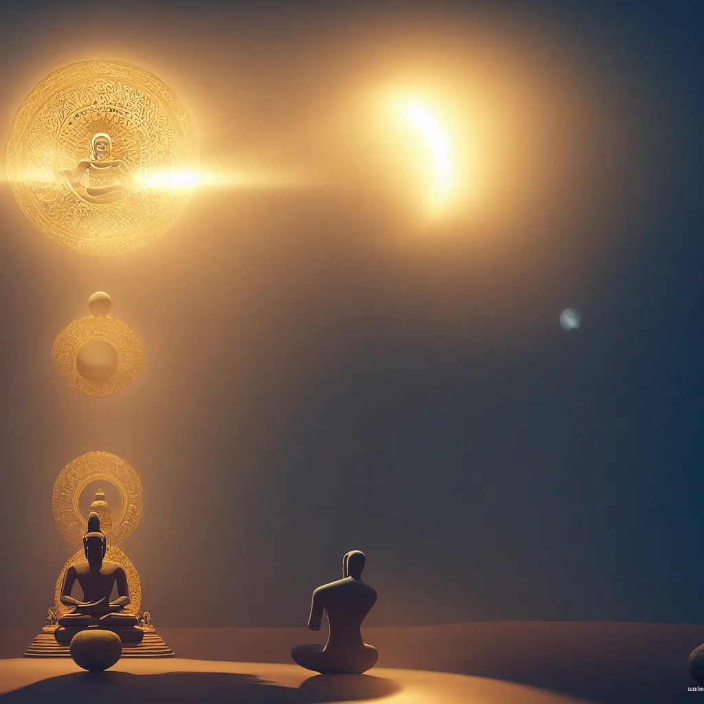 Image similar to meditating buddha sitting inside intricate sacred egyptian orb, floating in a void surrounded by a parhelion sundog in volumetric lighting., ornate, photorealistic, ultra detailed, octane render, high definition, depth of field, bokeh, 8 k, artstation, cgsociety