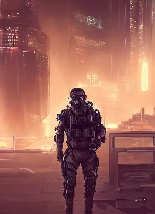 Prompt: Ezra. USN special forces futuristic recon operator, cyberpunk military hazmat exo-suit, on patrol in the Australian autonomous zone, deserted city skyline. 2087. Concept art by James Gurney and Alphonso Mucha. (Black ops, Cyberpunk 2077, eon flux, Titanfall, Apex Legends, Blade runner 2049, rb6s