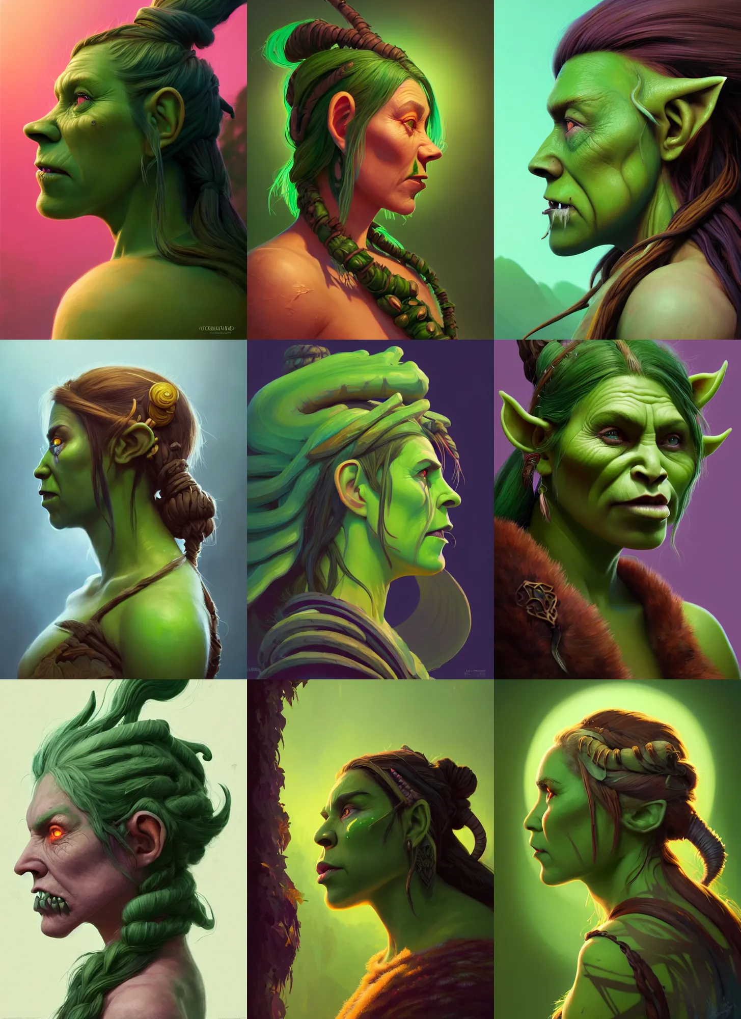 Prompt: side profile centered painted portrait, female orc forest druid, small tusks, green skin, d & d, gloomhaven, matte painting concept art, art nouveau, beautifully backlit, swirly vibrant color lines, fantastically gaudy, aesthetic octane render, 8 k hd resolution, by ilya kuvshinov and cushart krentz and gilleard james