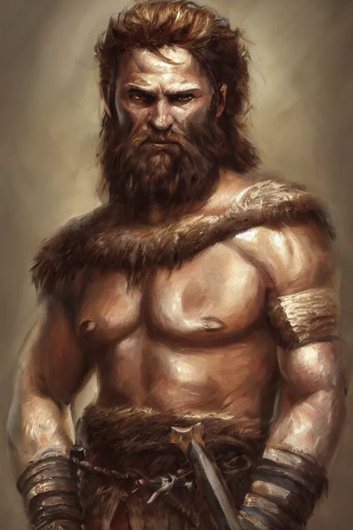 Prompt: a full body fantasy portrait oil painting illustration of a single rugged stoic barbarian man by Justin Sweet with face and body clearly visible, d&d, rpg, forgotten realms, artstation trending, high quality, sombre mood, artstation trending, muted colours, no crop, entire character,