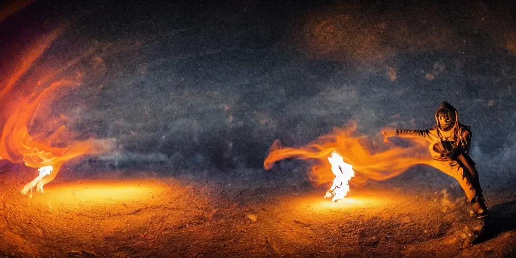 Image similar to music video fisheye slow motion with trail fire and smoke effect of futuristic break dancer wearing long dark cloak and golden helmet emitting fire and crystals, long exposure shot , enigmatic, at night in the middle of the arctic with red light A letter, paddle of water, steam, fog, water splashes, rim lights, glossy reflections, water droplets on lens, octane render, Volumetric dynamic lighting, stunning cover magazine, high details, hajime sorayama