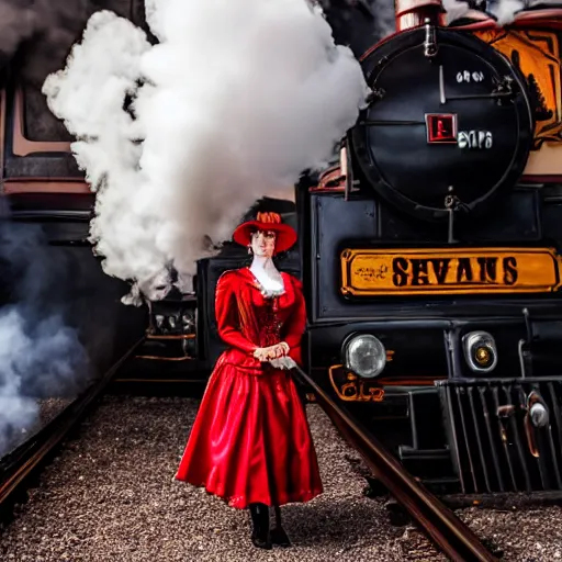 Image similar to a beautiful steampunk queen with curly red hair wearing a top hat and victorian clothes, vintage luggage, by a steam engine train, with smoke taken with Sony a7R camera, EOS-1D, f/1.4, ISO 200, 1/160s, 8K, RAW, unedited, symmetrical balance, in-frame