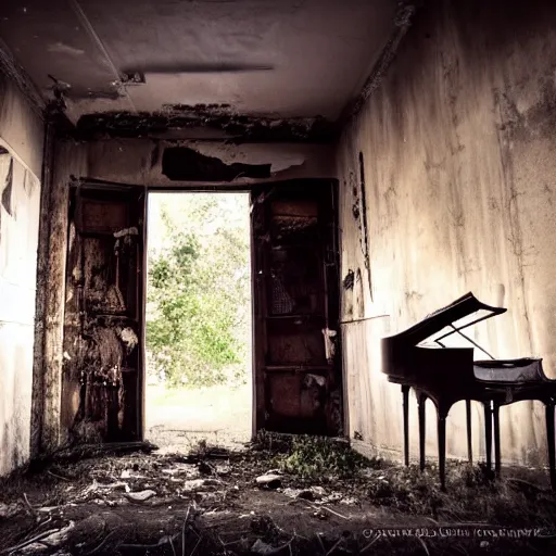 Image similar to abandoned places with a cello, cinematic light,