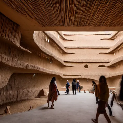 Image similar to indoor photo of a complex cultural building made of totemic rammed earth, people walking