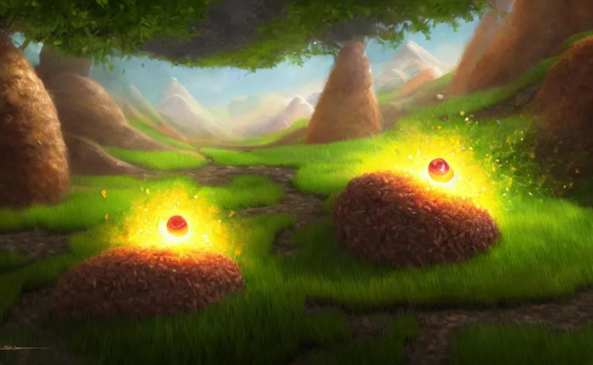 Image similar to magic : the gathering fantasy concept art of excited riceballs with excited expressions bouncing down a mountain path, by marco bucci, high resolution, the riceballs are bouncing up and down and leaving a trail of rice seeds behind them, fantasy coloring, intricate, digital painting, artstation, smooth, sharp focus