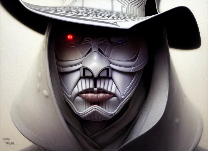 Image similar to portrait shot of white darth vader in ghost in the shell wearing a cowboy hat, intricate, elegant, highly detailed, centered, digital painting, artstation, concept art, smooth, sharp focus, illustration, artgerm, tomasz alen kopera, peter mohrbacher, donato giancola, joseph christian leyendecker, wlop, boris vallejo