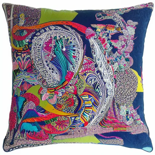 Image similar to a unique and amazing pillow, product shot, intricate, fine detail, full maximalist print, bright colours