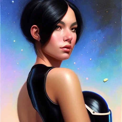 Image similar to a portrait of a very beautiful woman in a spacesuit, Alexandria\'s genesis, shoulder-length black hair, bored, illustration, soft lighting, soft details, painting oil on canvas by mark arian by artgerm, trending on artstation, 4k, 8k, HD