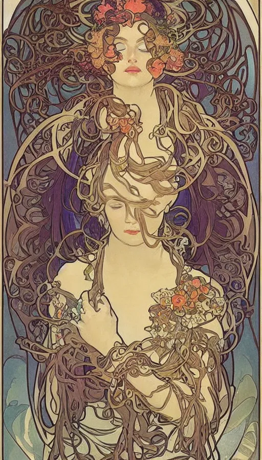 Prompt: fantasy art by Alfons Mucha,beautiful,high quality,masterpiece,incredible,pretty,gorgeous,stunning,appealing,4k,detailed,intricate,coherent symmetrical,fullbody,full body,face
