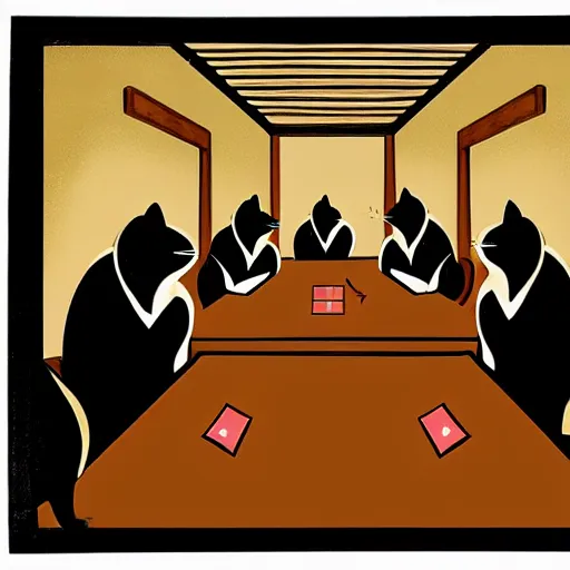 Image similar to fat mobster cats gambling at a table with a single light overhead, dark room, smoke fills the room, korean art style