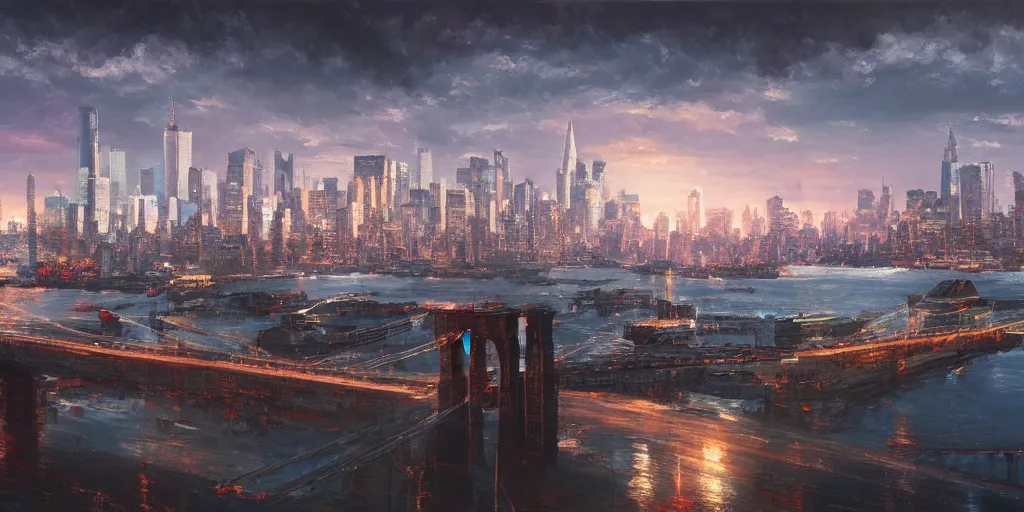 Prompt: Brooklyn in the distant future, cinematic lighting, detailed oil painting, hyperrealistic, 8k