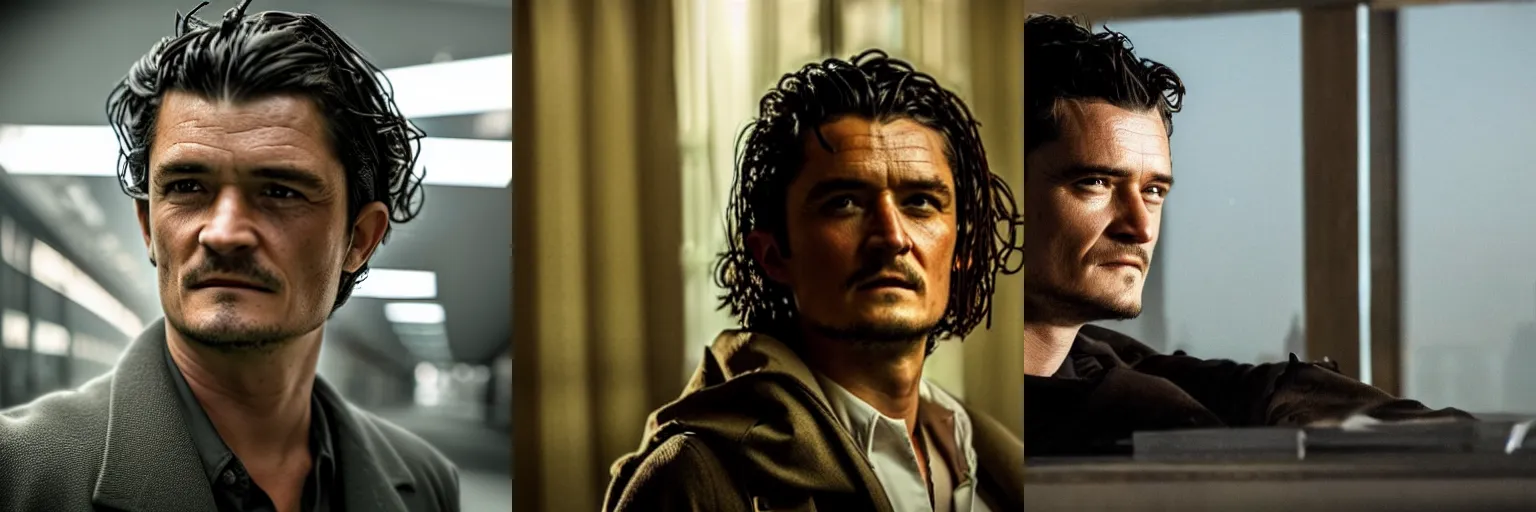 Prompt: close-up of Orlando Bloom as a detective in a movie directed by Christopher Nolan, movie still frame, promotional image, imax 70 mm footage