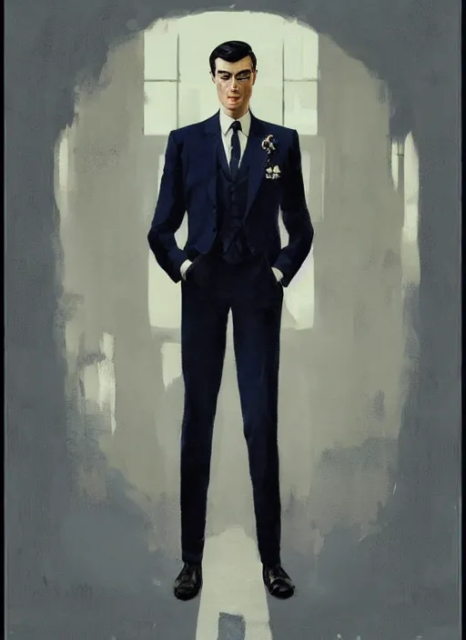 Image similar to full - length portrait of young gregory peck, dressed in a navy blue suit with silver embroidered details, detailed face, fantasy, cinematic lighting, digital art painting, fine details by realistic shaded lighting poster by ilya kuvshinov katsuhiro otomo, magali villeneuve, artgerm, jeremy lipkin and michael garmash and rob rey