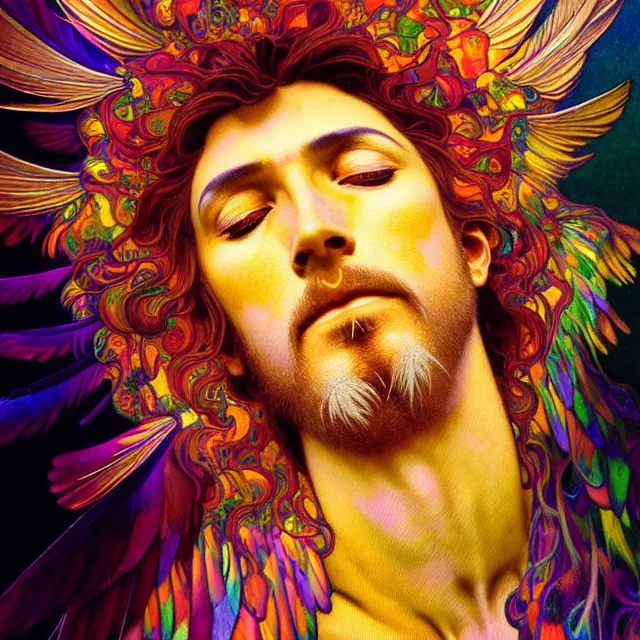 Image similar to face of jesus psychedelic transcendent feather mind bending psychedelic wings of glossy liquid honey flowing like kaleidoscopic translucent holograph, lsd feathers, feathery fluff, enlightenment, high contrast dappled lighting, refracted sunset, highly detailed, concept art, art by collier, albert aublet, krenz cushart, artem demura, alphonse mucha