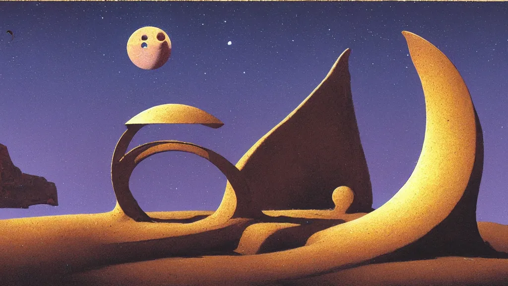 Image similar to mysterious whimsical sculpture of an alien crescent moon by paul lehr and john schoenherr, cinematic matte painting