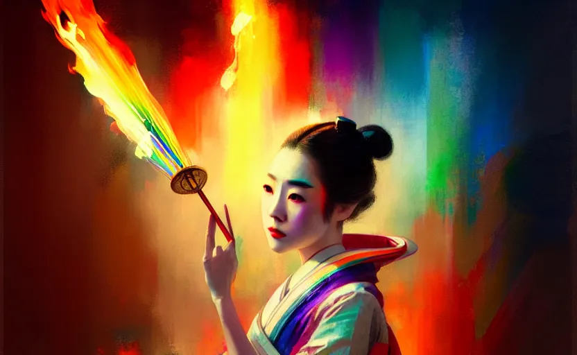 Prompt: female geisha girl holding a flame of rainbow, beautiful face, colourful, rule of thirds, thousands of colors, intricate outfit, spotlight, by greg rutkowski, by jeremy mann, digital painting