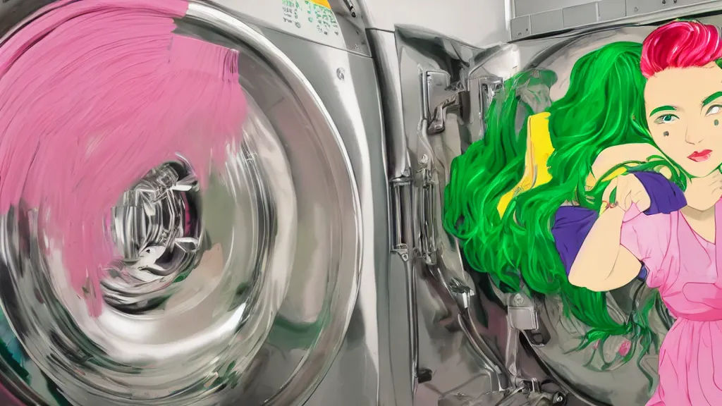 Image similar to a girl with green hair sitting on top of a washing machine in a laundromat in the style of Tsuguharu Fujita, pink yellow red and green