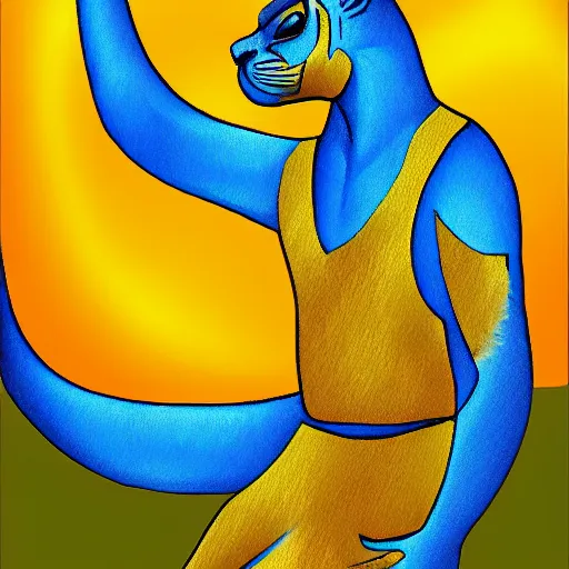 Prompt: church painting of the god of nature, the blue panther, with golden nimbus, digital art