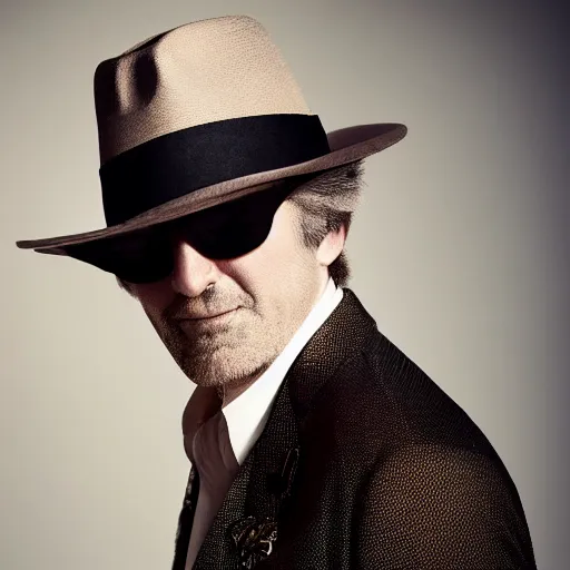 Prompt: film still, extreme long shot, of an enigmatic mysterious man, making a smuck smile, face unseen by wearing a luxury designer fedora and chopard sunglasses, expensive outfit, elegant, casual, intricate, symmetrical, rich moody colors, by annie leibovitz, canon eos 5 d mark iv camera