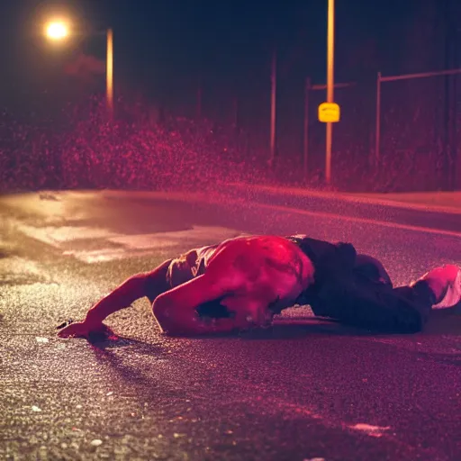 Image similar to drunk guy becoming pure splat in the middle of a dark road, bright red organs visible and mushy, severe lacerations of the abdomen, white van sprayed with blood, cinematic lighting