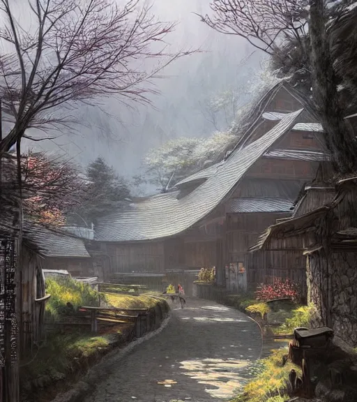 Image similar to walking around rural shirakawa - go, gifu, japan. volumetric lighting, spring late morning, nice slight overcast weather, realistic illustration, perfectly shaded, soft painting, low angle, art by krenz cushart and wenjun lin