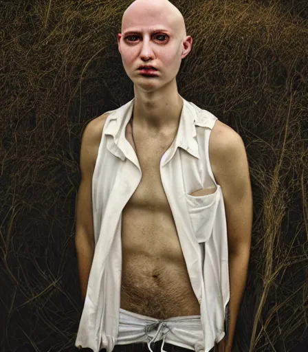 Prompt: a high quality, high detail, portrait of an attractive non - binary bald person by kyle thompson