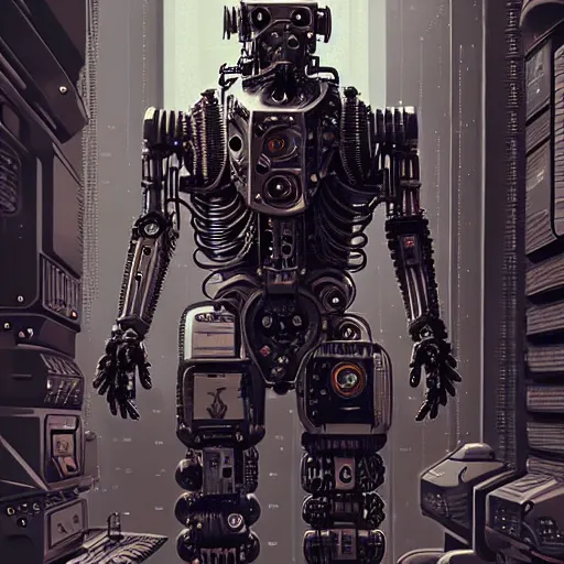 Image similar to ultra realist intricate detailed pin - up painting of a single rugged cyborg male, bearded face and cyborg tech on body and legs, symmetry accurate features, cyberpunk, industrial, apocalyptic, very intricate details, focus, high resolution, 8 k resolution, dramatic lighting, artstyle vincent di fate and alex ries, award winning