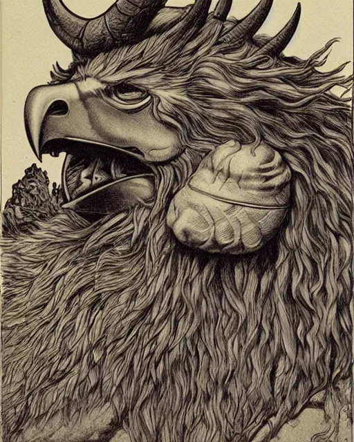 Image similar to a creature with the body and eyes of a man, with the beak of an eagle, the mane of a lion, and the horn of a bull. drawn by moebius