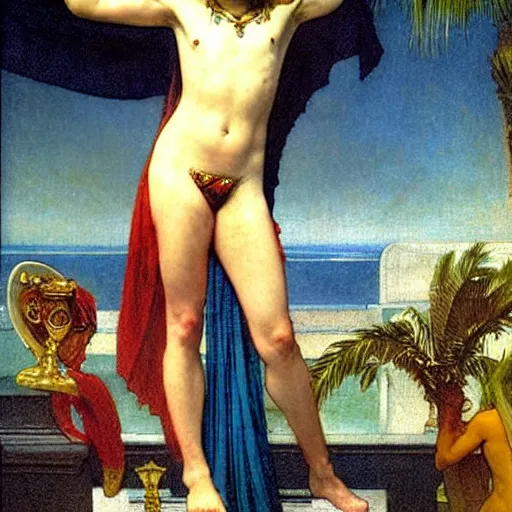 Image similar to Justice with a blood dripping chalice at the palace, thunderstorm, greek pool, beach and palm trees on the background major arcana sky, by paul delaroche, alphonse mucha and arnold böcklin arnold böcklin hyperrealistic 8k, very detailed