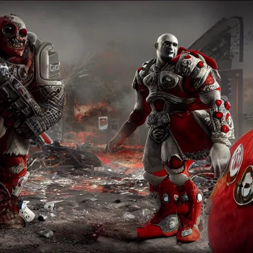 Image similar to burger king kurger bing creepy king mascot in gears of war, cinematic shot