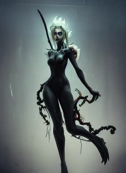 Image similar to dark full body painting of mercy from overwatch, in style of zdzisław beksinski, scary, horror, 4 k, feminine facial features, overwatch mercy character, horror, body horror, disturbing, detailed face, dressed in dark garment, black tendrils, tall,